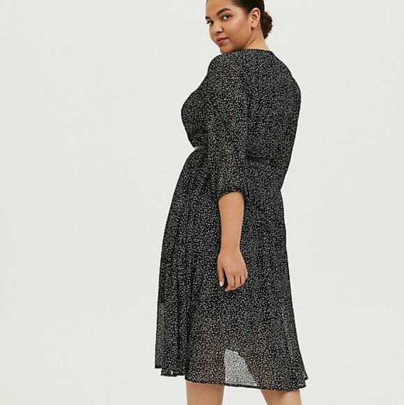 BLACK POLKA DOT FLOCKED CHIFFON BELTED MIDI DRESS (Dress Box) - Picture 2 of 7